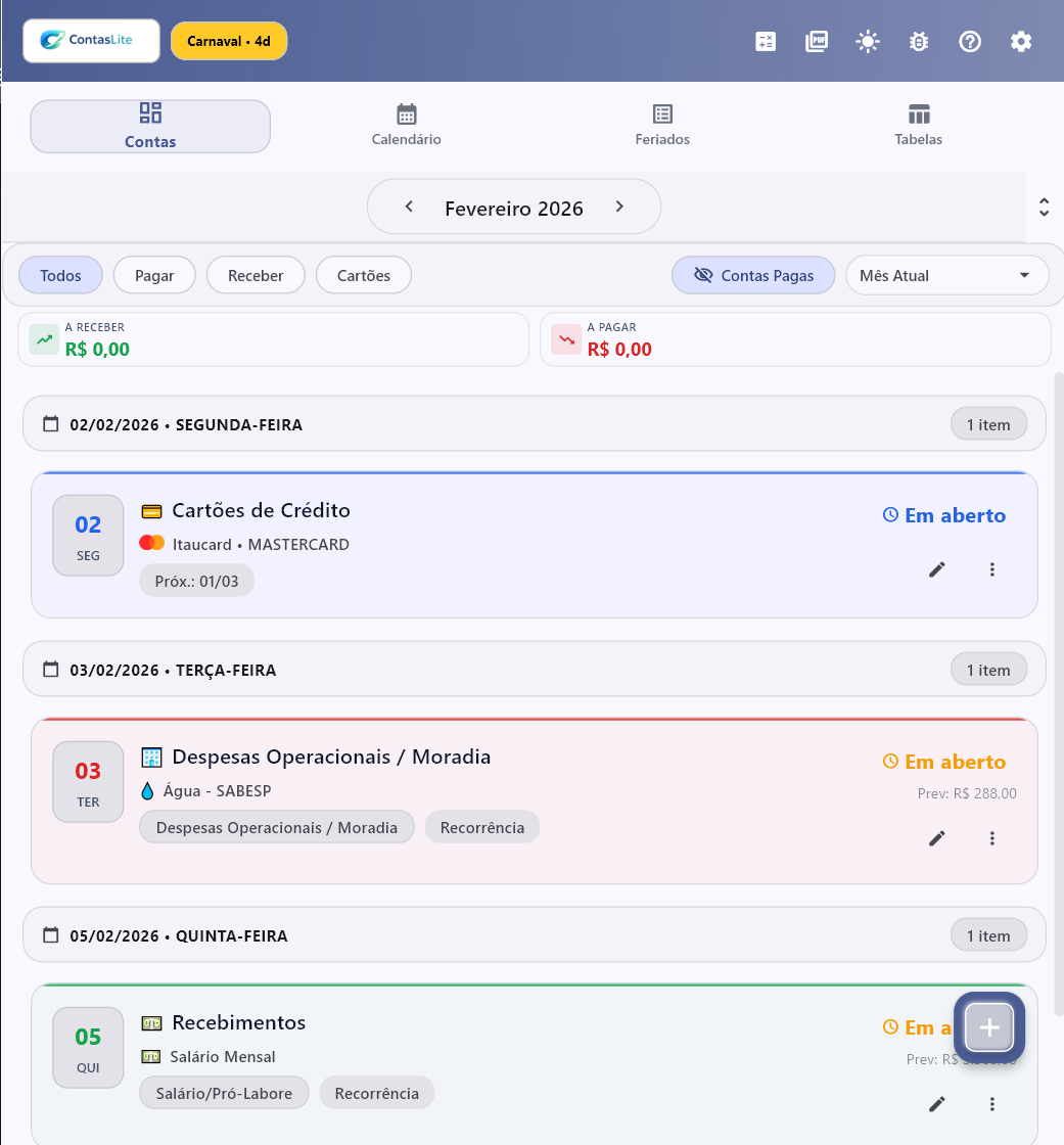 ContasLite — Tela principal